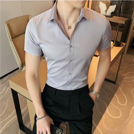 New Summer Men's Short Sleeve Shirt Fashion Business Slim Solid Color Shirt Formal Social Party Casual Dress Men's Clothing 7XL