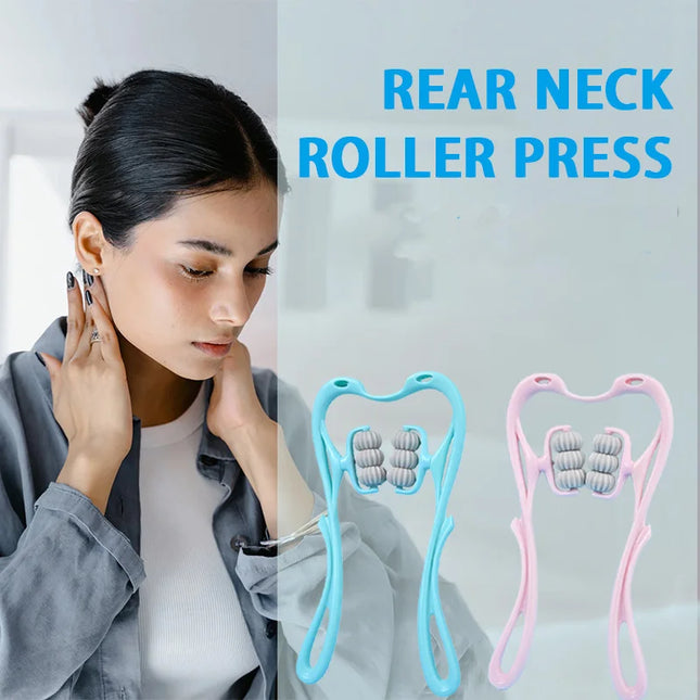 Neck Massager with Six Wheels for Neck Muscle Relaxation Rotatable Adjustment Massaging Legs and Arms in Pink and Blue Colors