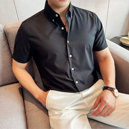 Plus Size 4XL-M High Quality Bamboo Fiber Fabric Dark Stripes Shirts Men Summer Slim Fit Casual Thin Breathable Social Shirt