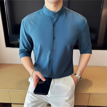 High Quality Chinese Style Stand Up Neck Shirt Men's Summer Mid Sleeved Slim Fit Casual Social Business Blouse Homme 4XL-M