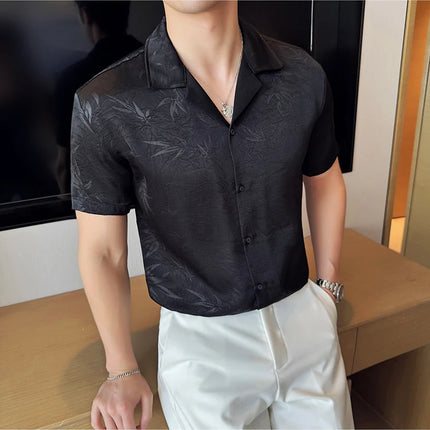 New Chinese Jacquard Shirt Luxury Men Elegant Print Slim Fit Casual Prom Social Shirts High Quality Summer Short Sleeved Tuxedo