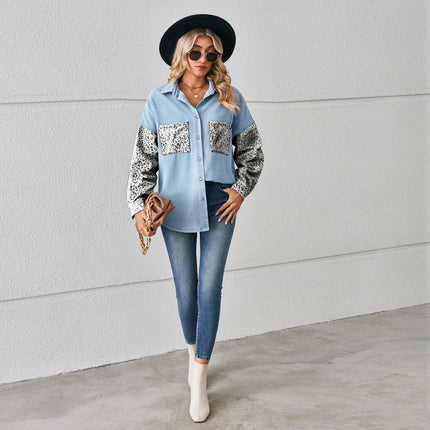 Washed Denim Jacket For Women Blouse Tops Long Sleeve Leopard Print Lady Shirt Casual Pocket Spring Women's Jean Cardigans