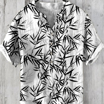 Men's Linen V-neck Shirt Hawaiian Men's T-shirt 2024 New 100% Linen Shirt HD Pattern Plus Size White Crane Landscape Painting