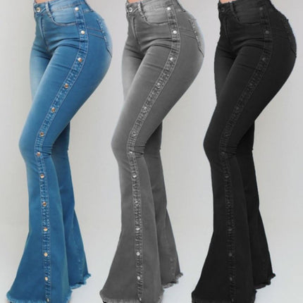 Women Wide Leg Flare Denim Trousers Sexy Jeans Trousers Washed Flare Jeans Breathable Stretchy Rivet Decor Denim Flare Jeans