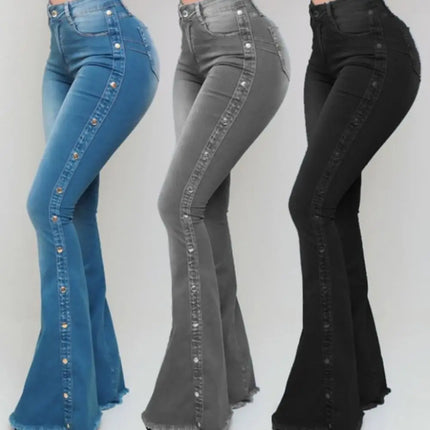 Women Wide Leg Flare Denim Trousers Sexy Jeans Trousers Washed Flare Jeans Breathable Stretchy Rivet Decor Denim Flare Jeans