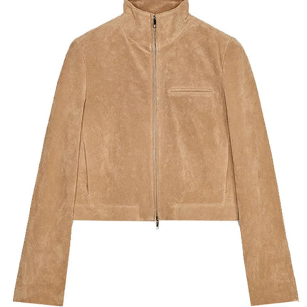 Suede Leather Short Jacket Coat Zipper Stand Collar Vintage Casual Motorcycle Jackets Baggy Front Shoulder Women Outwear Top New