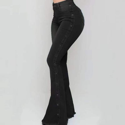 Women Wide Leg Flare Denim Trousers Sexy Jeans Trousers Washed Flare Jeans Breathable Stretchy Rivet Decor Denim Flare Jeans