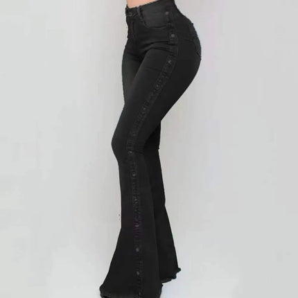 Women Wide Leg Flare Denim Trousers Sexy Jeans Trousers Washed Flare Jeans Breathable Stretchy Rivet Decor Denim Flare Jeans