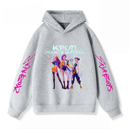 Gray Hoodies Trendy Casual Clothing Long Sleeve For Girls Child K-pop Demon Hunters Clothing Toddler New Printing Hooded Tops