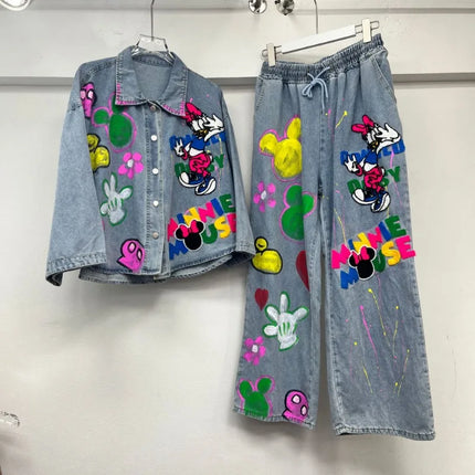 2025 Spring New Women's Beautiful Cartoon Graffiti Coat Heavy Industry Denim Jacket Straight Thin Wide-leg Pants Two-pieces Sets