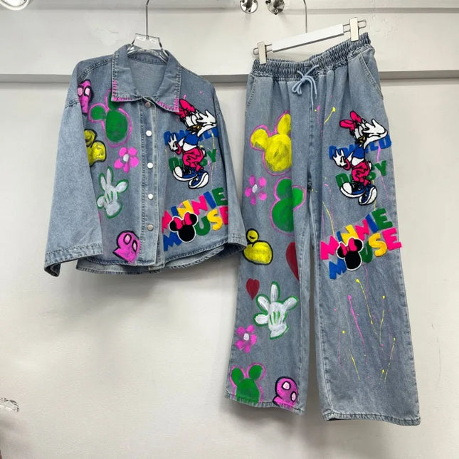 2025 Spring New Women's Beautiful Cartoon Graffiti Coat Heavy Industry Denim Jacket Straight Thin Wide-leg Pants Two-pieces Sets