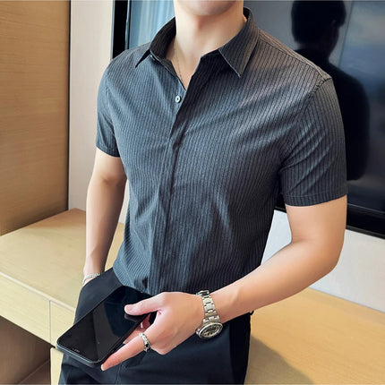 2024 Summer Fashion Vertical Striped Shirts Luxury Men's Hidden Button Short Sleeved Slim Fit Casual Business Shirt Men Clothing