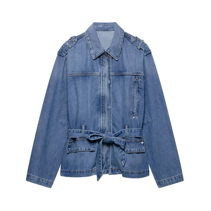 Summer Women's Belt Denim Jacket 2025 New Fashion Casual Loose Long Sleeve Jacket Elegant Women's Outerwear