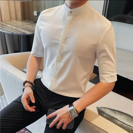 Summer New Standing Collar Half Sleeve Shirts For Men Invisible Button Up Design Slim Casual Business Social Shirt Club Outfits