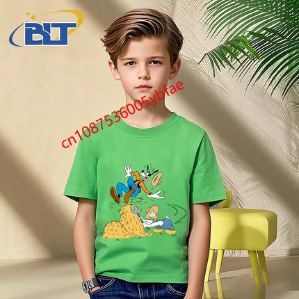 Disney Mickey Mouse and Friends print kids T-shirt pure cotton short-sleeved green top cartoon children's clothing for boys