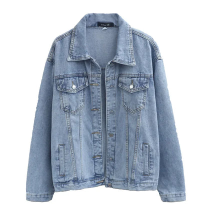 Vintage Women Jacket 2024 Autumn Winter Oversize Denim Jackets Washed Blue Jeans Coat Turn-down Collar Outwear Bomber Jacket
