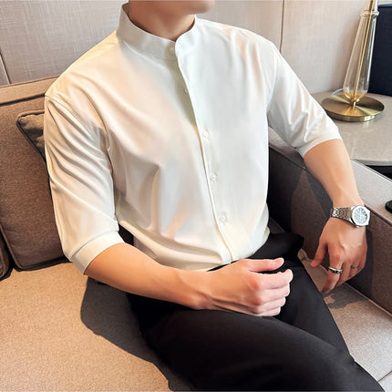 High Quality Chinese Style Stand Up Neck Shirt Men's Summer Mid Sleeved Slim Fit Casual Social Business Blouse Homme 4XL-M