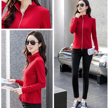 New Women's Zippered Stand Collar Jacket Slim Fit Long Sleeve Cotton Solid Color Casual Outerwear