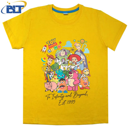 Disney Toy Story Land To Infinity and Beyond 1995 Printed Kids T-shirt Pure Cotton Short Sleeve Cartoon Top for Boys and Girls
