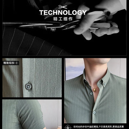 High Quality Pinstripe Casual Shirts  For Men 2024 Summer Slim Fit Business Social Elastic Social Party Shirt Plus Size 4XL-M