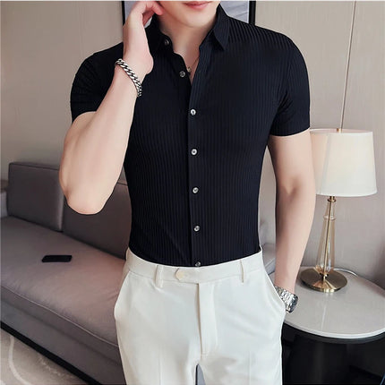2024 Summer High Elasticity Seamless Short Sleeve Shirts Fashion Stripes Men Business Formal Wear Slim Fit Casual Dress Shirt