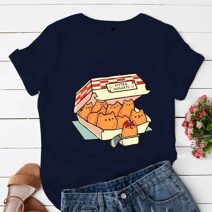 Kitten Nuggets Fast Food Cat Print Women T Shirt Duck with Knife Cartoon T-shirts Duck Around and Find Out Funny Tshirt Tops Y2k
