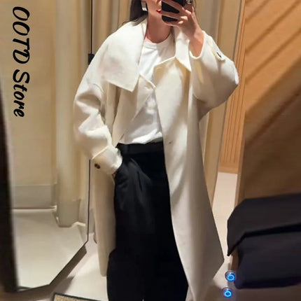 Elegant Stand Collar Overcoat Women Single Breasted Full Sleeve Solid Long Loose Coats 2025 Autumn Winter Chic Warm Lady Outwear