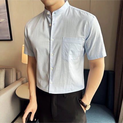 Summer New Chinese Style Linen Cotton Shirts Men's Standing Collar Short Sleeved Thin Breathable Shirt Tops Streetwear 4XL-M