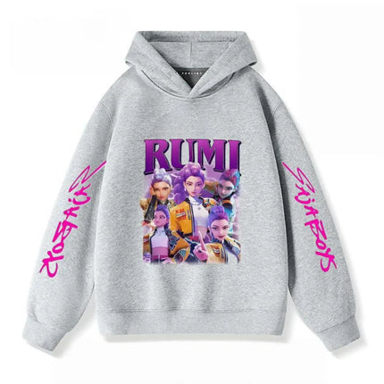 Gray Hoodies Trendy Casual Clothing Long Sleeve For Girls Child K-pop Demon Hunters Clothing Toddler New Printing Hooded Tops