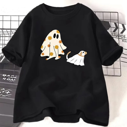 Сute Ghost Dog T-Shirt Women Men Dog Lovers Halloween Tshirts Spooky Season Fall Graphic Tee Retro Cotton Short Sleeve Tshirt