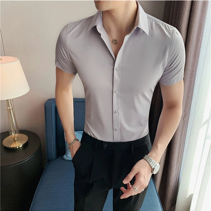 Summer Men Fashion Casual Short Sleeve Solid Shirt Super Slim Fit Male Social Business Dress Shirt Brand Men Casual Dress Blouse