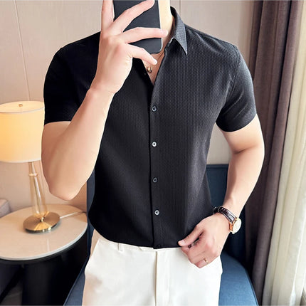 2024 Summer Waffle Shirt Luxury Men's Slim Fit Casual Short Sleeved Business Versatile Dress Shirt Men Clothing Plus Size 4XL-M