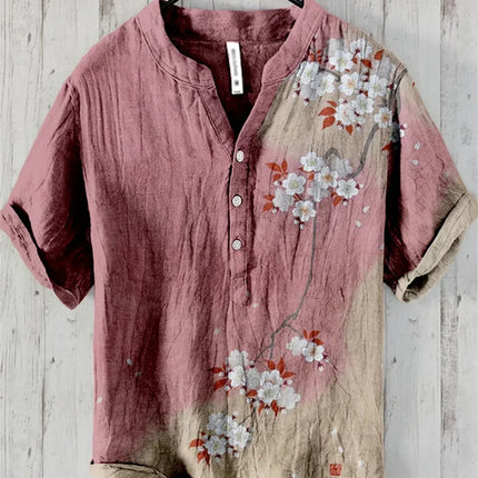 New pine tree landscape 3D printing stand collar short sleeve shirt foreign trade fashion casual loose bamboo fiber linen shirt