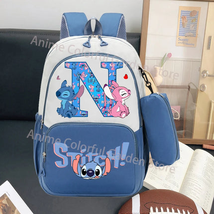 Disney Stitch Large Capacity Backpack with Pencil Bag Cartoon Letter A-Z Printed Fashion Schoolbag Book Stationery Storage Bags