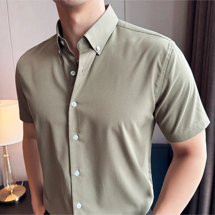 Plus Size 4XL-M High Quality Bamboo Fiber Fabric Dark Stripes Shirts Men Summer Slim Fit Casual Thin Breathable Social Shirt