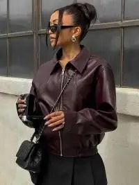 Women Red Wine Leather Short Jackets With Belt Vintage Turndown Collar Long Sleeve Coats 2024 Female Chic Streetwear Cardigan