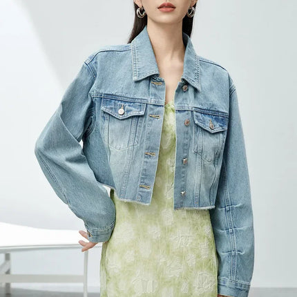 SENTUBILA 100% Cotton Washed Denim Jackets for Women 2025 Spring Casual Loose Turn Down Collar Fashion Short Jacket W41W54341