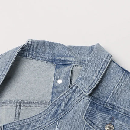 VGH Streetwear Spliced Button Chic Denim Jacket for Women Diagonal Collar Long Sleeve Patchwork Pockets Slim Short Coat Female