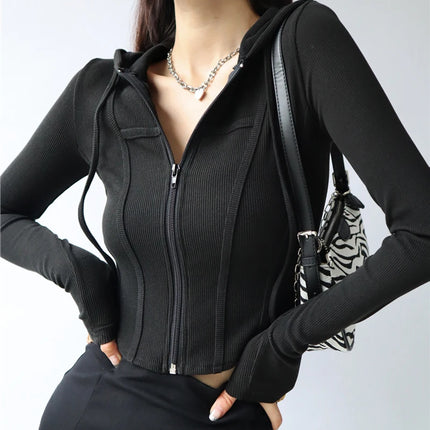 hooded cute long sleeve crop top sexy curve hem