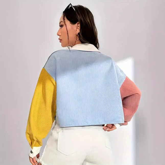 2024 Spring Summer Thin Loose Casual Velvet Color Block Short Jacket Women's Fashion Outerwear Versatile Lightweight Top