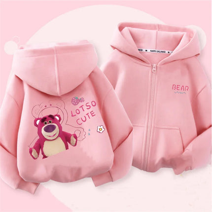 Kids Spring and Autumn Cardigan Men's and Women's Hooded Zipper Top 3-12 Year Old Kids Casual Sports Cardigan Strawberry Bear