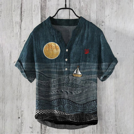Men's Summer V-neck Henley Short Sleeve Shirt Men's Casual Shirt Moon View Moonlight 3D Printed Short Sleeve Linen T-Shirt Top