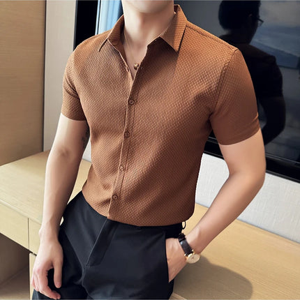 2024 Summer Waffle Shirt Luxury Men's Slim Fit Casual Short Sleeved Business Versatile Dress Shirt Men Clothing Plus Size 4XL-M