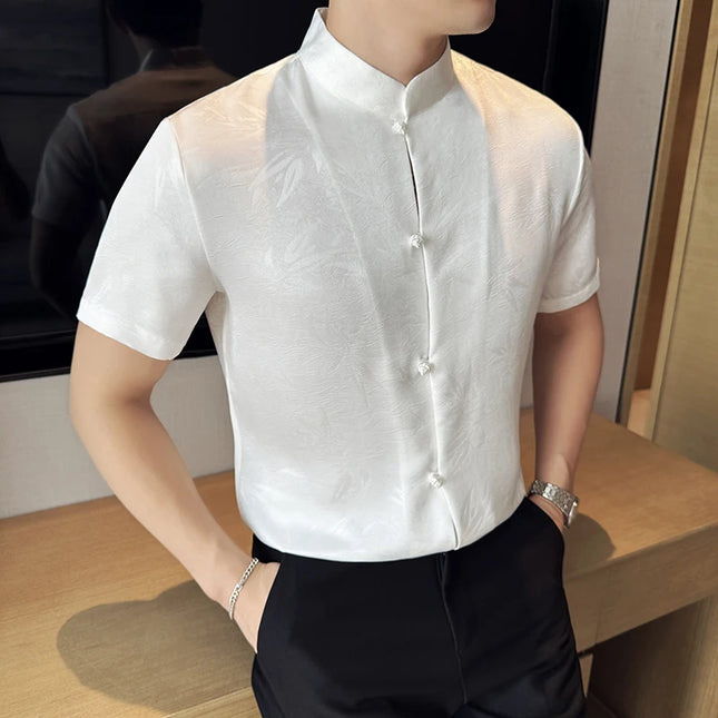 2024 Summer Chinese Style Standing Collar Shirts For Men Fashion Print Short Sleeve Slim Fit Casual Social Party Tuxedo 4XL-M