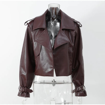 Women Red Wine Leather Short Jackets With Belt Vintage Turndown Collar Long Sleeve Coats 2024 Female Chic Streetwear Cardigan