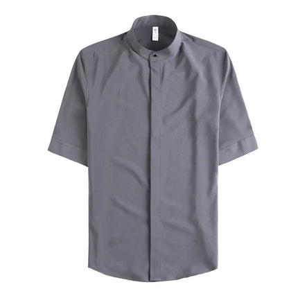 Summer New Standing Collar Half Sleeve Shirts For Men Invisible Button Up Design Slim Casual Business Social Shirt Club Outfits