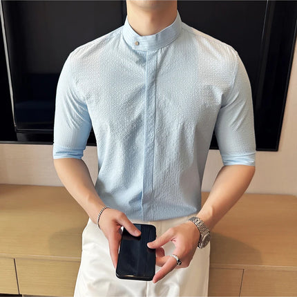 New Chinese Style Stand Up Collar Slim Fit Half Sleeved Shirts Men High Quality Striped Elegant Shirt Summer Social Party Dress