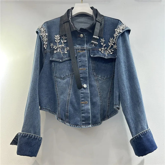 WTHT Vintage Women Heavy Indesty Spliced Leather Diamond Denim Jacket Fashion Lapel Long Sleeves Coat Female 2025 Summer 1LS1647