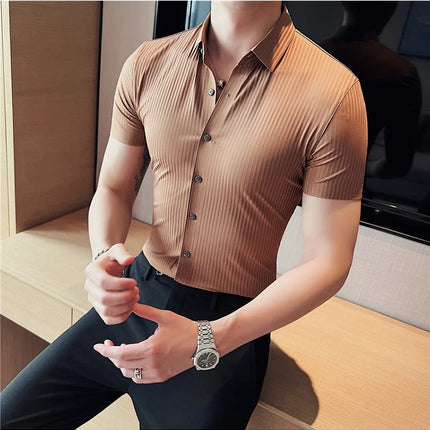 2024 Summer High Elasticity Seamless Short Sleeve Shirts Fashion Stripes Men Business Formal Wear Slim Fit Casual Dress Shirt