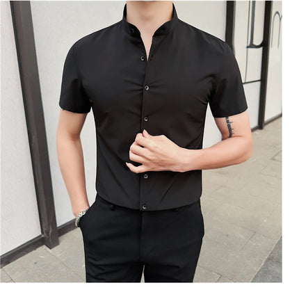 Men's Summer Fashion Stand Collar Business Casual Short Sleeve Shirt Luxury Slim Fit Solid Dress Shirt Brand Men Clothes 5XL-M